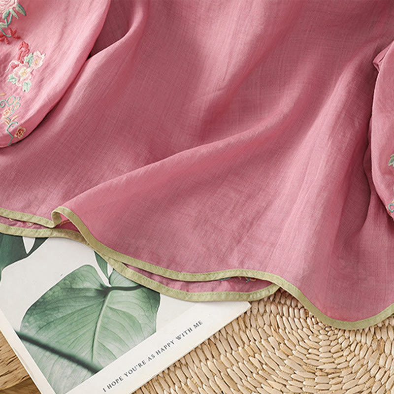 Camisa de lino y algodón con mangas tres cuartos y cuello alto con diseño de flores bordadas para mujer con Buddha Stones - image 17