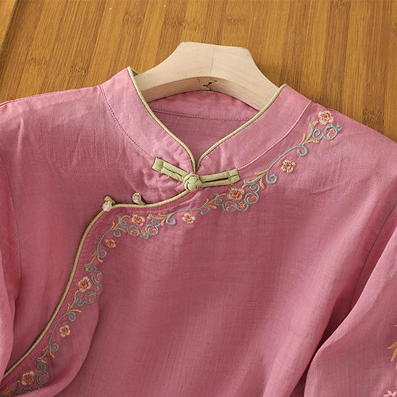 Camisa de lino y algodón con mangas tres cuartos y cuello alto con diseño de flores bordadas para mujer con Buddha Stones - image 16