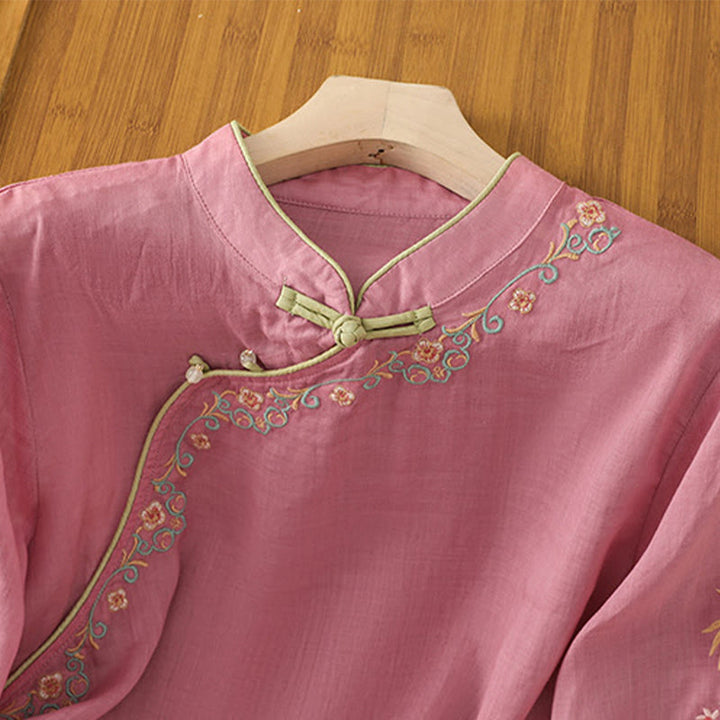 Camisa de lino y algodón con mangas tres cuartos y cuello alto con diseño de flores bordadas para mujer con Buddha Stones - image 16