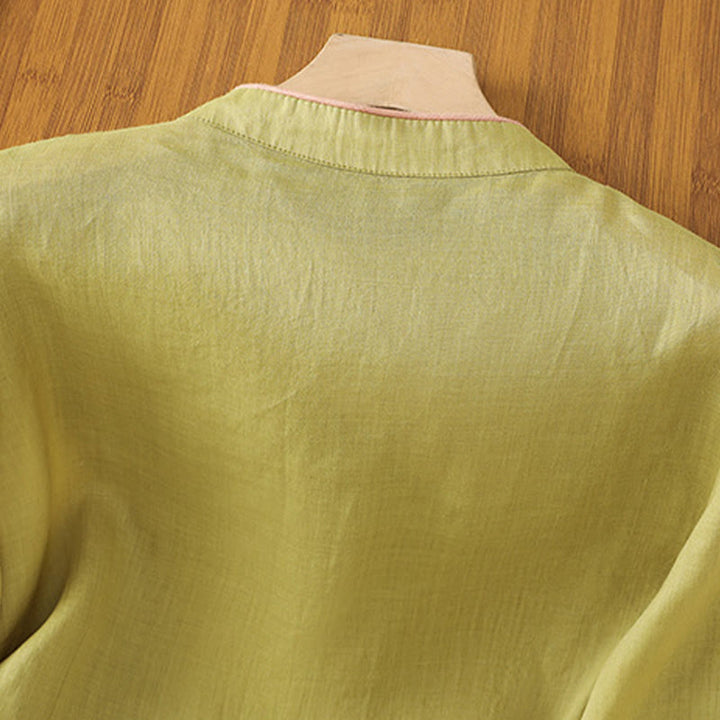 Camisa de lino y algodón con mangas tres cuartos y cuello alto con diseño de flores bordadas para mujer con Buddha Stones - image 11