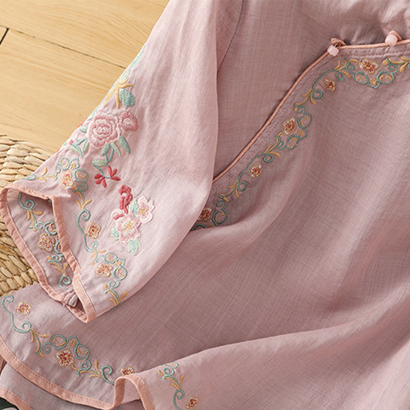 Camisa de lino y algodón con mangas tres cuartos y cuello alto con diseño de flores bordadas para mujer con Buddha Stones - image 6