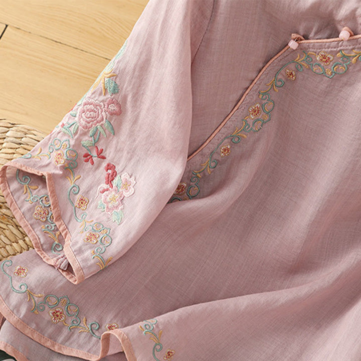 Camisa de lino y algodón con mangas tres cuartos y cuello alto con diseño de flores bordadas para mujer con Buddha Stones - image 6