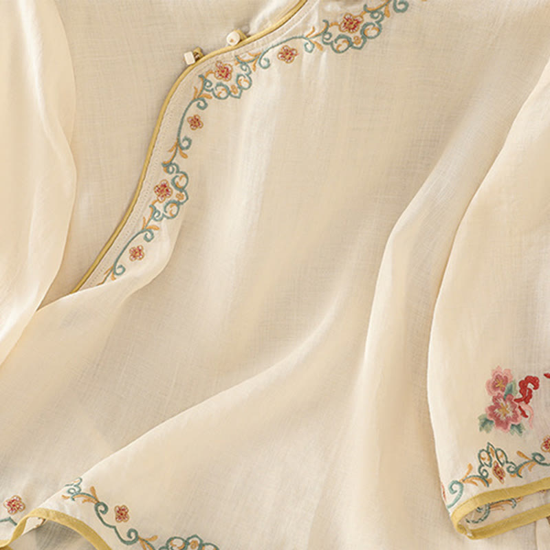 Camisa de lino y algodón con mangas tres cuartos y cuello alto con diseño de flores bordadas para mujer con Buddha Stones - image 1