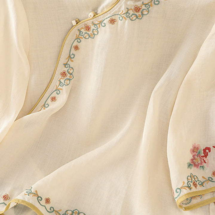 Camisa de lino y algodón con mangas tres cuartos y cuello alto con diseño de flores bordadas para mujer con Buddha Stones - image 1