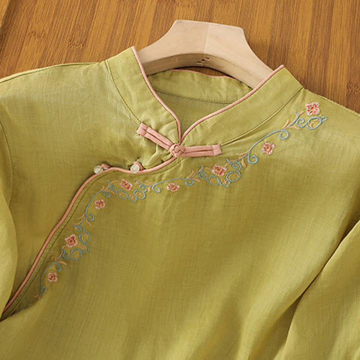 Camisa de lino y algodón con mangas tres cuartos y cuello alto con diseño de flores bordadas para mujer con Buddha Stones - image 9