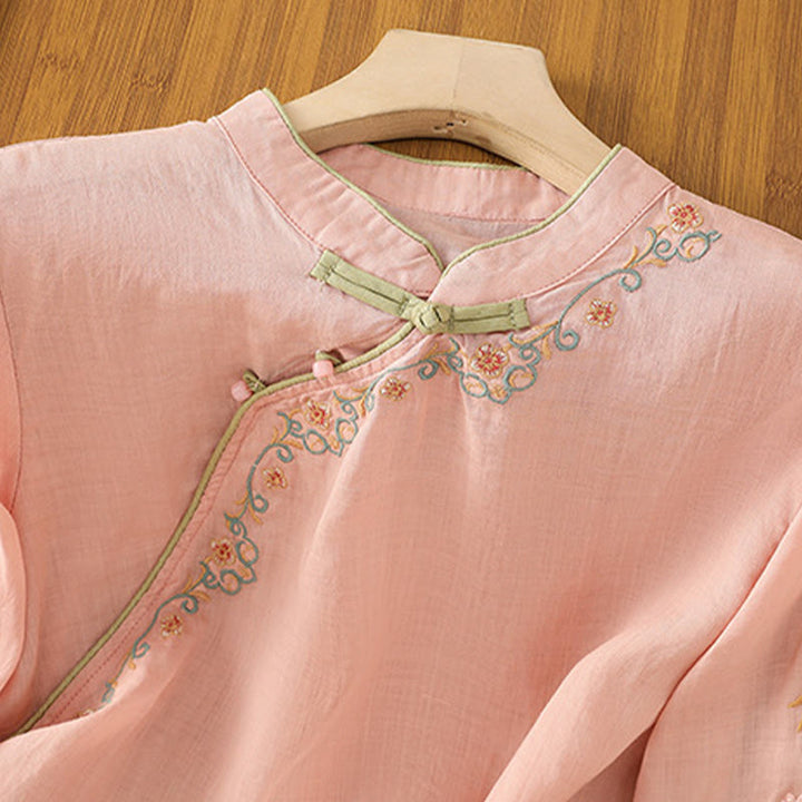 Camisa de lino y algodón con mangas tres cuartos y cuello alto con diseño de flores bordadas para mujer con Buddha Stones - image 4