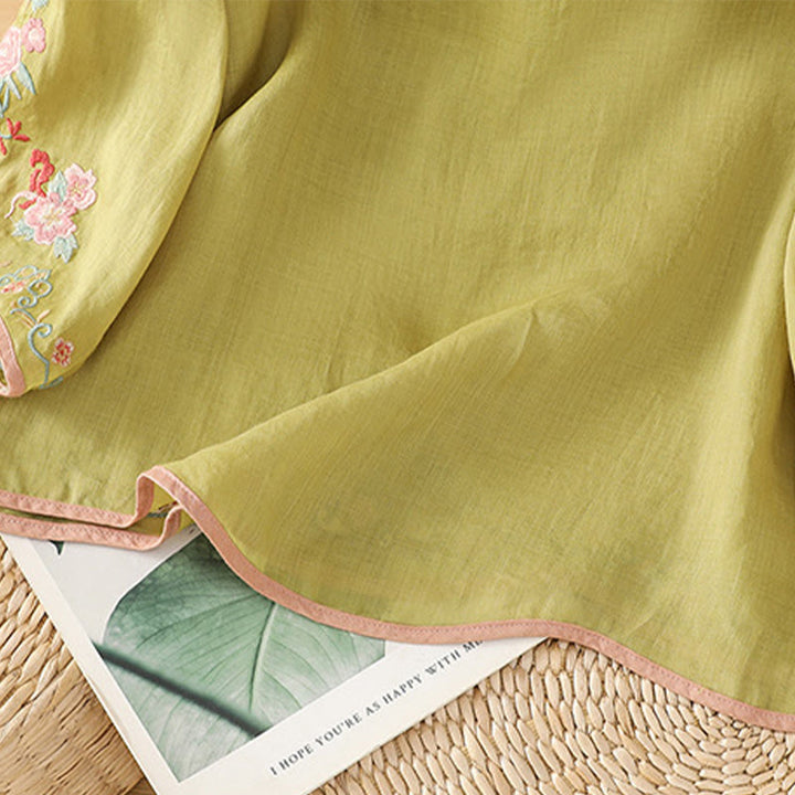 Camisa de lino y algodón con mangas tres cuartos y cuello alto con diseño de flores bordadas para mujer con Buddha Stones - image 13