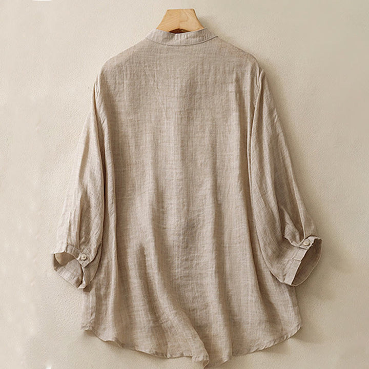 Camisa de lino y algodón para mujer con diseño informal de plantas bordadas y cuello alto, manga tres cuartos, con Buddha Stones
