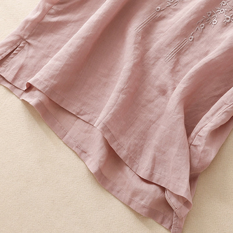 Camisa de lino y algodón de media manga holgada con diseño de escote en V y flores bordadas para mujer con Buddha Stones