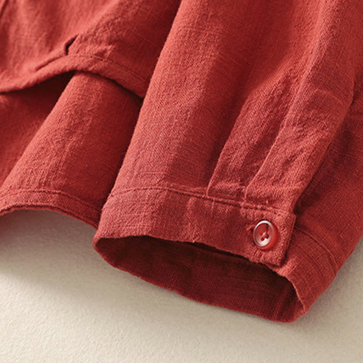 Camisa de lino y algodón lisa con diseño de manga larga y cuello alto holgado informal para mujer con Buddha Stones - image 2