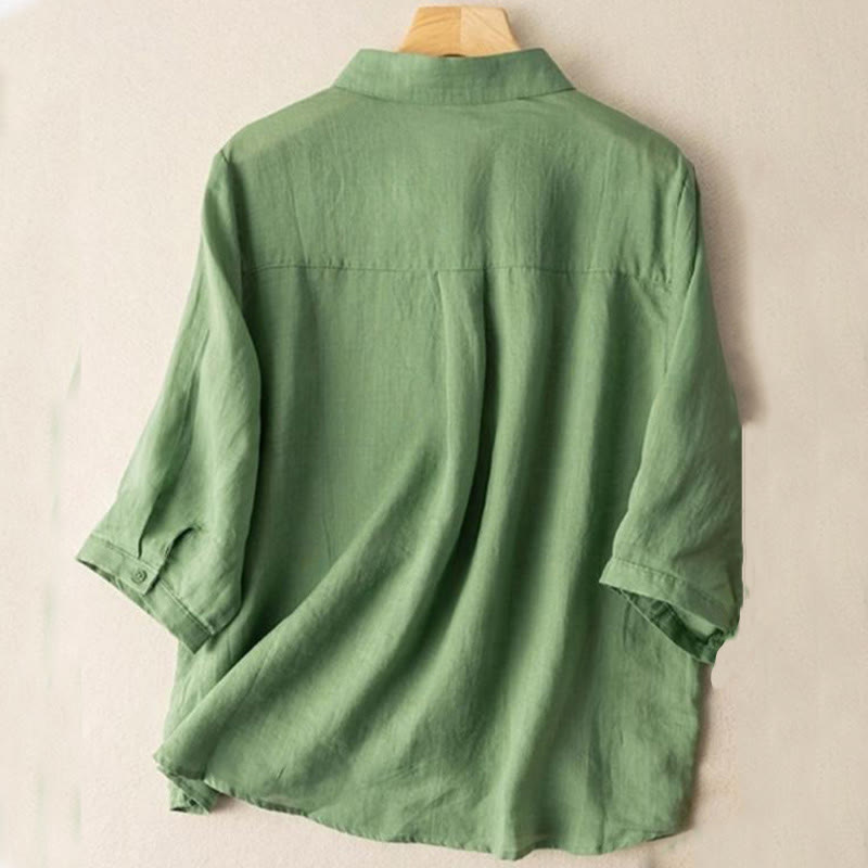 Camisa casual de manga corta con cuello alto y bordado de Buddha Stones para mujer. - image 1