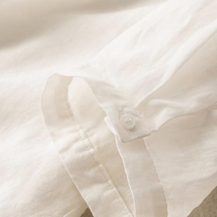 Camisa de lino y algodón con cuello alto y media manga para mujer, informal, con bordado de Buddha Stones - image 8