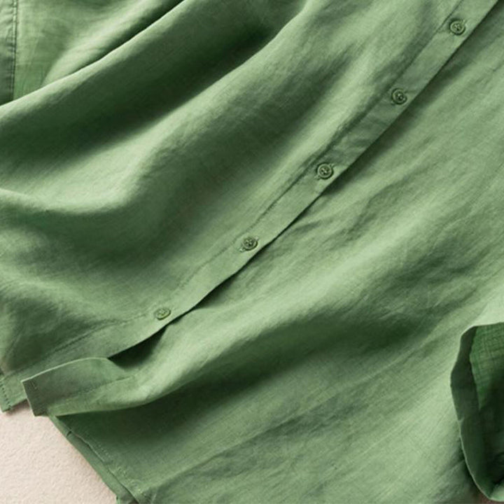 Camisa de lino y algodón con cuello alto y media manga para mujer, informal, con bordado de Buddha Stones - image 4