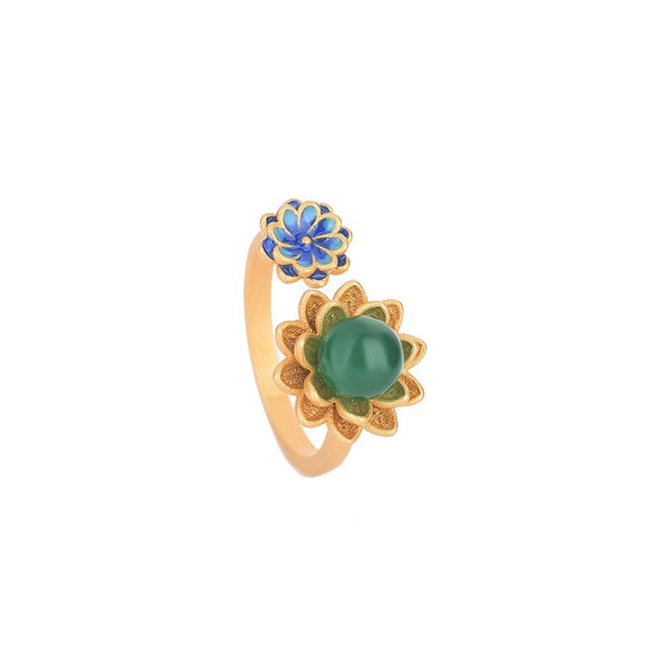 Anillo ajustable con abundancia de jade y patrón de loto con Buddha Stones