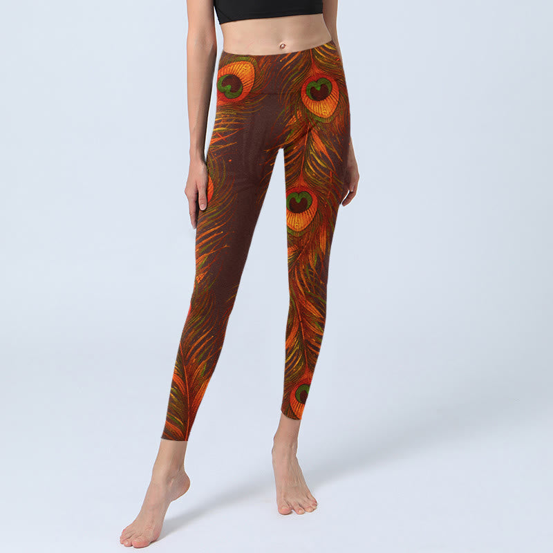 Leggings de yoga para mujer con estampado de plumas de pavo real marrón y Buddha Stones - image 5