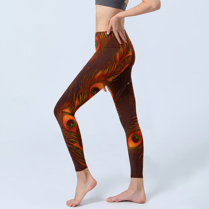 Leggings de yoga para mujer con estampado de plumas de pavo real marrón y Buddha Stones - image 2