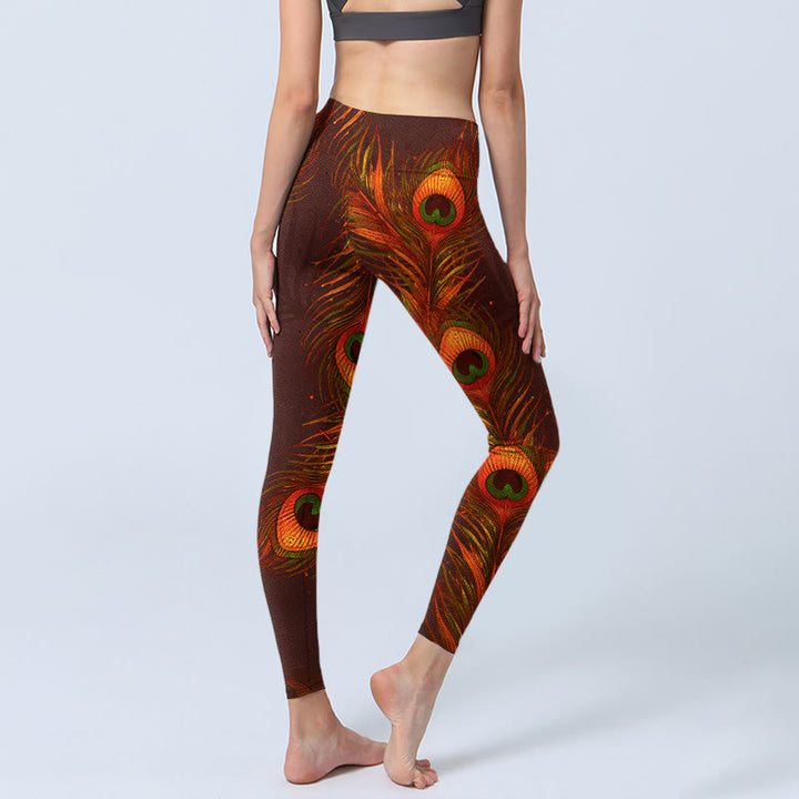 Leggings de yoga para mujer con estampado de plumas de pavo real marrón y Buddha Stones - image 4