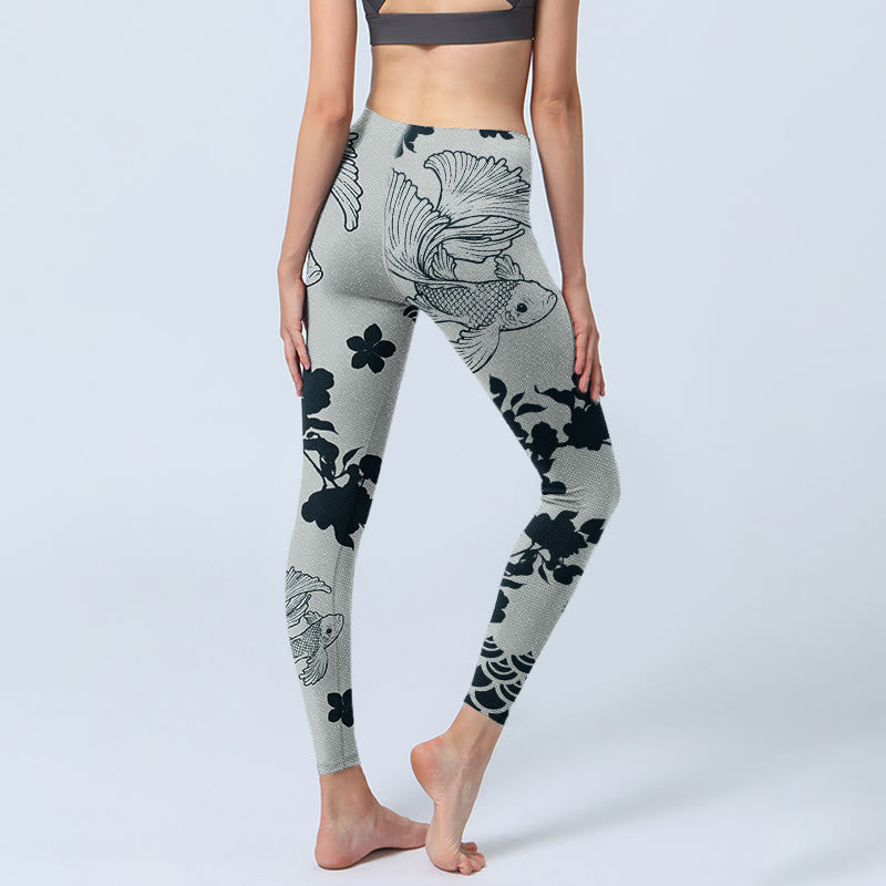 Leggings de yoga para mujer con estampado floral de ondas y peces koi grises y Buddha Stones - image 4