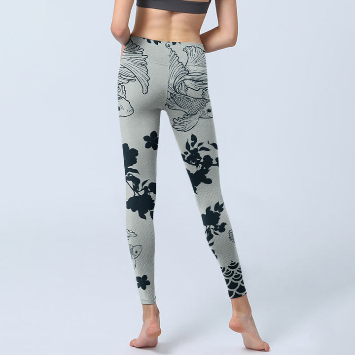 Leggings de yoga para mujer con estampado floral de ondas y peces koi grises y Buddha Stones - image 6