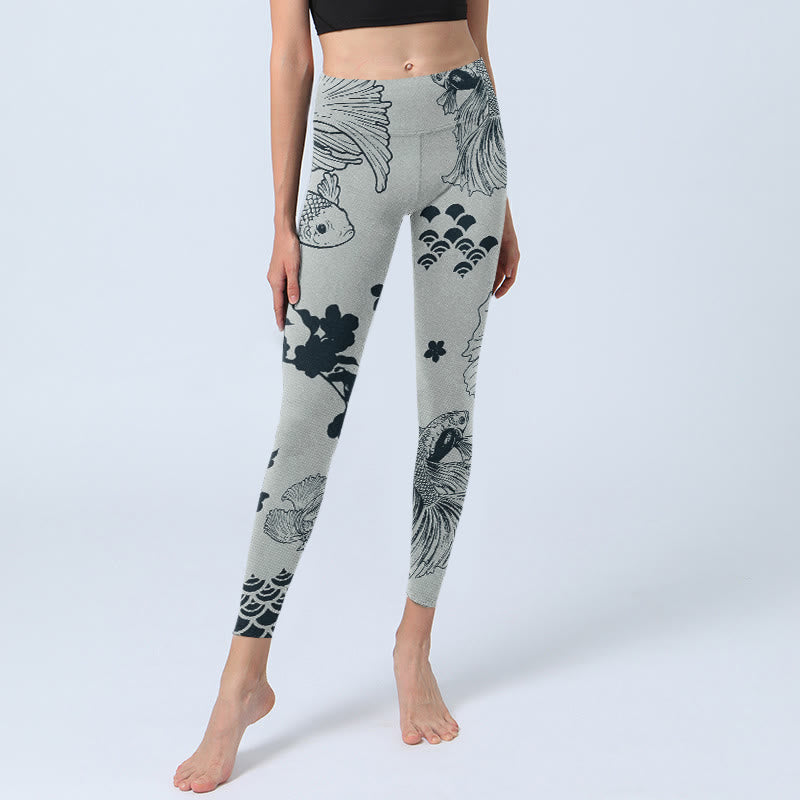 Leggings de yoga para mujer con estampado floral de ondas y peces koi grises y Buddha Stones - image 5