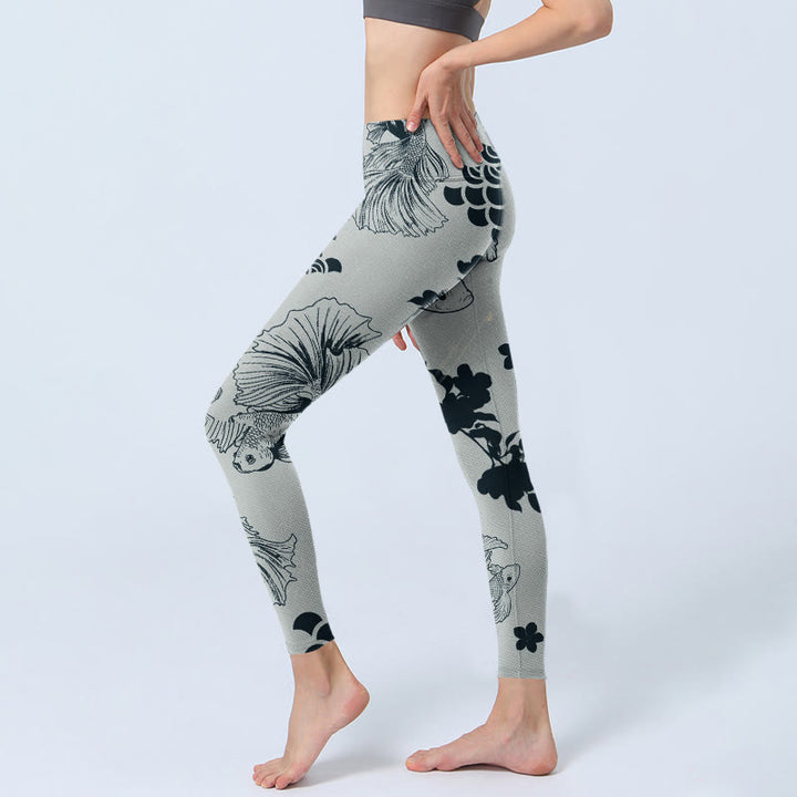 Leggings de yoga para mujer con estampado floral de ondas y peces koi grises y Buddha Stones - image 2