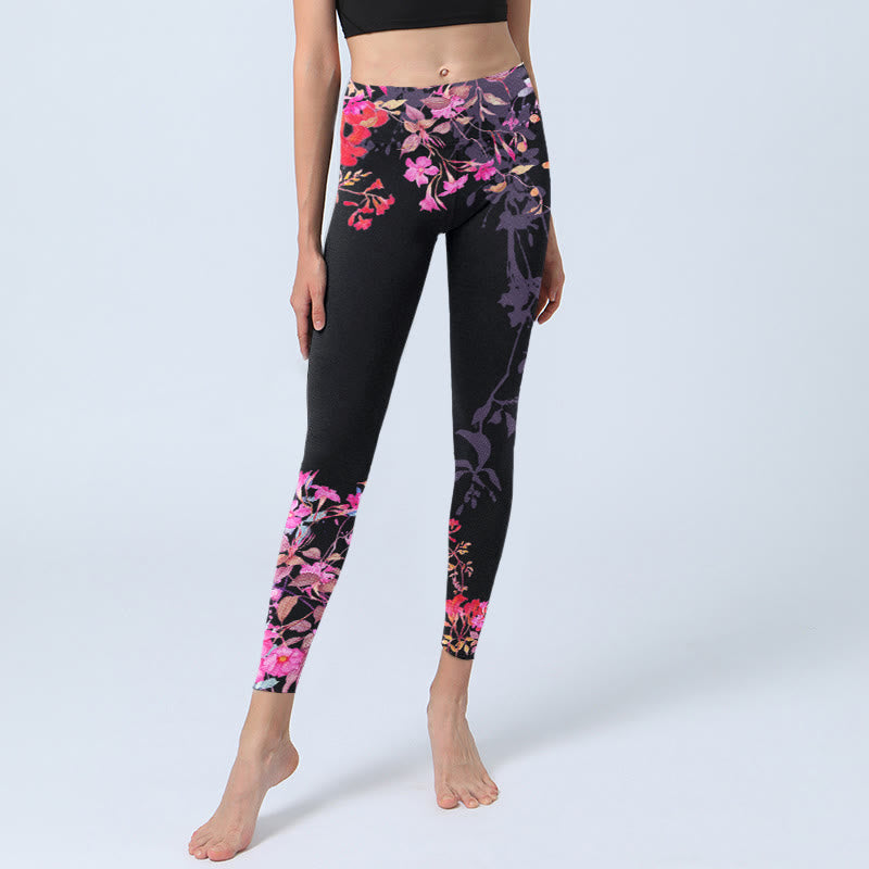 Leggings de yoga para mujer con estampado floral de hojas y Buddha Stones en color negro y rosa - image 5