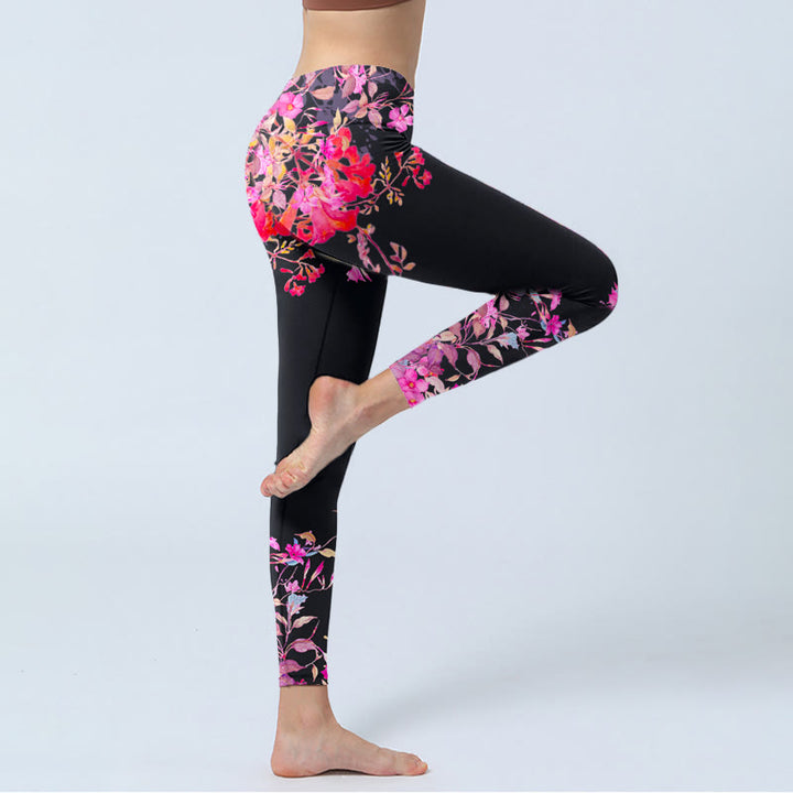 Leggings de yoga para mujer con estampado floral de hojas y Buddha Stones en color negro y rosa - image 4