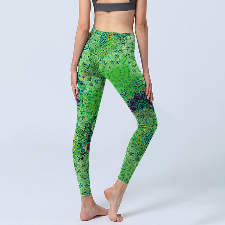 Leggings de yoga para mujer con estampado de plumas de cola de pavo real verde y Buddha Stones - image 3