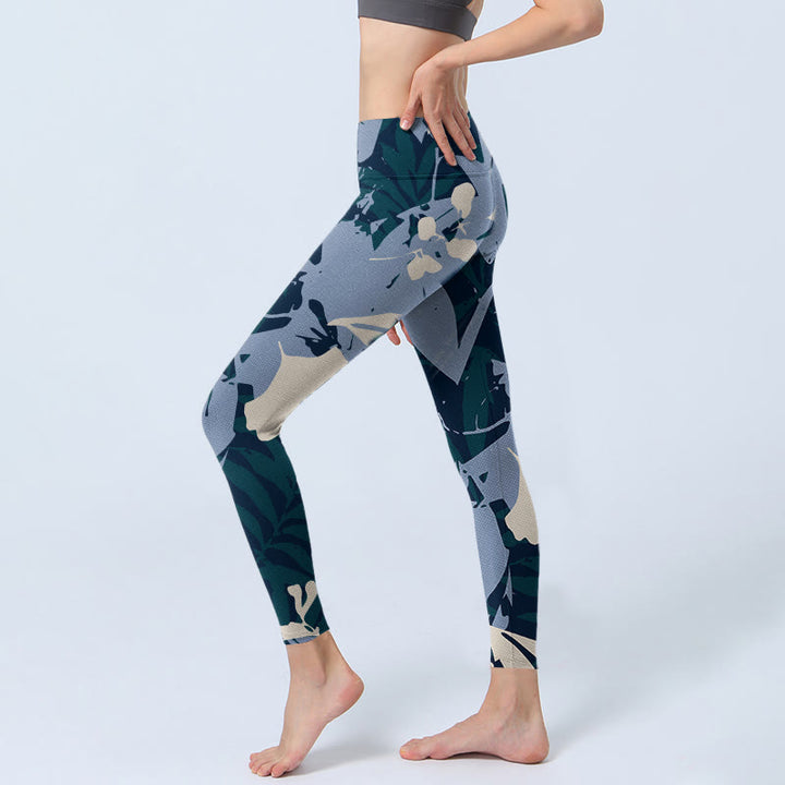 Leggings de yoga para mujer con estampado de hojas de plantas azules y Buddha Stones - image 2