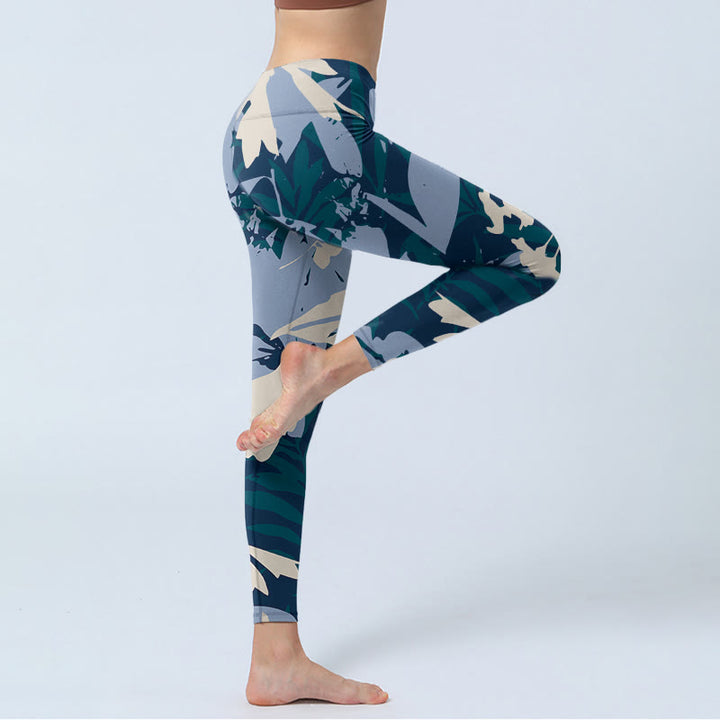 Leggings de yoga para mujer con estampado de hojas de plantas azules y Buddha Stones - image 4