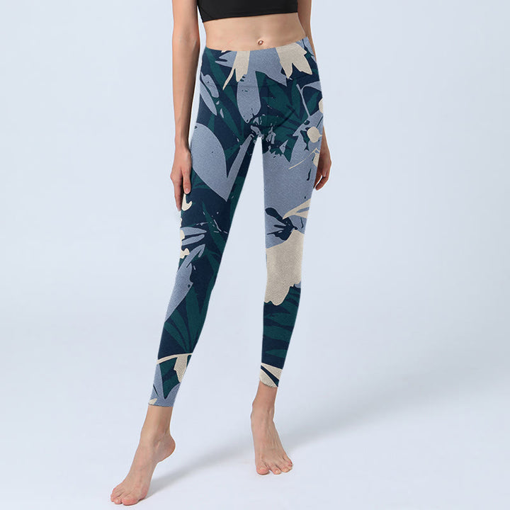 Leggings de yoga para mujer con estampado de hojas de plantas azules y Buddha Stones - image 5