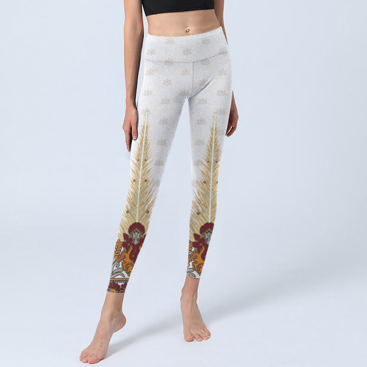 Leggings de yoga para mujer con estampado abstracto de flores de loto y Buddha Stones en color blanco - image 5