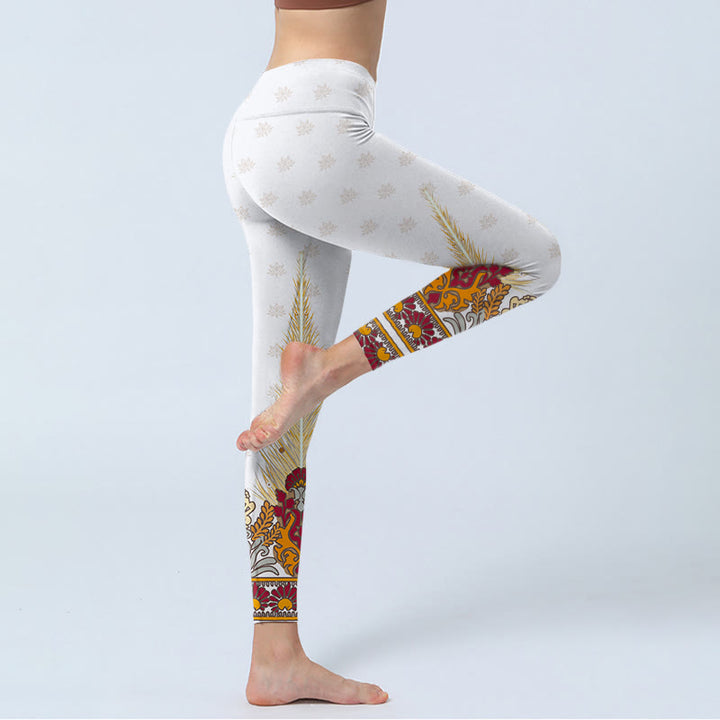 Leggings de yoga para mujer con estampado abstracto de flores de loto y Buddha Stones en color blanco - image 3