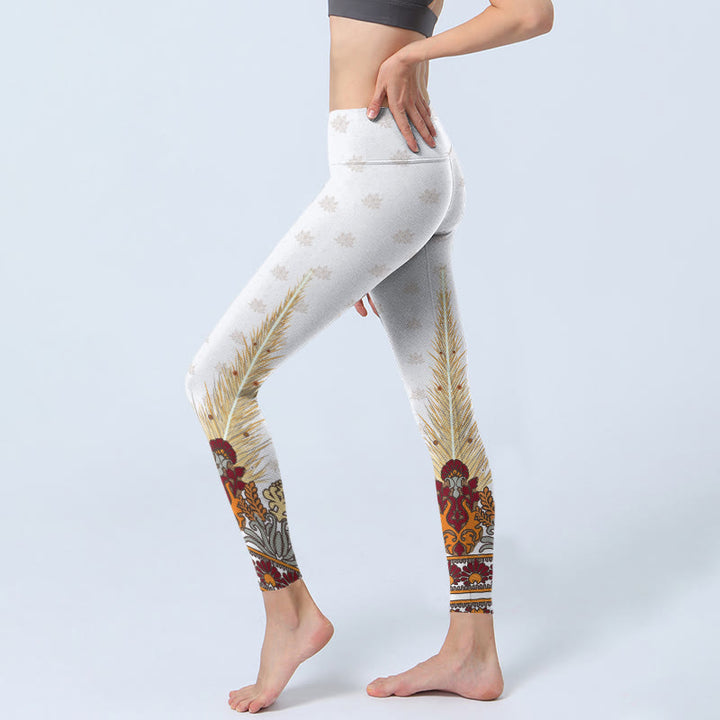 Leggings de yoga para mujer con estampado abstracto de flores de loto y Buddha Stones en color blanco - image 2