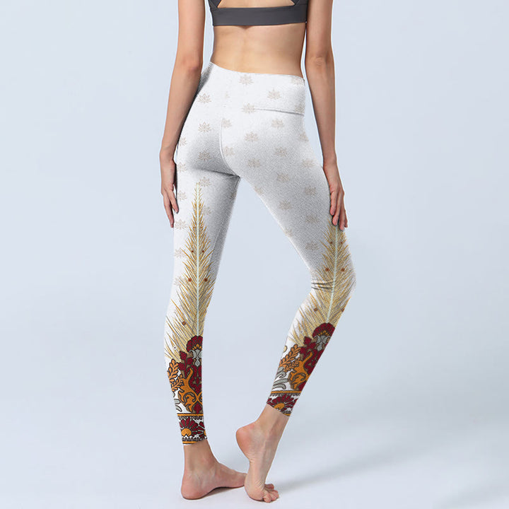 Leggings de yoga para mujer con estampado abstracto de flores de loto y Buddha Stones en color blanco - image 4