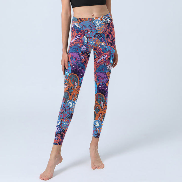 Leggings de yoga para mujer con estampado floral colorido y piedras de Buddha Stones y hierba rizada - image 5