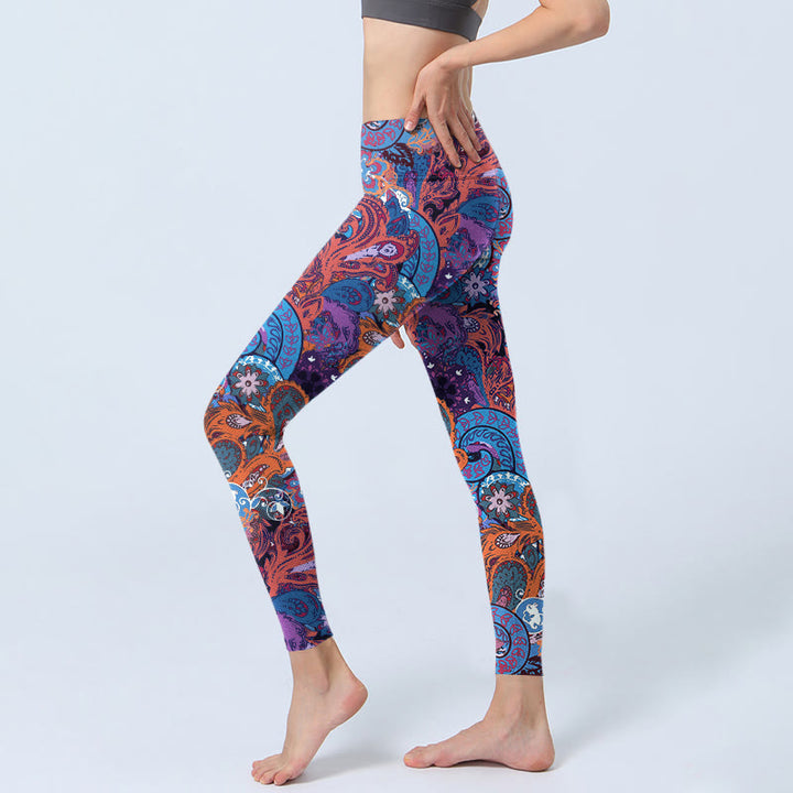 Leggings de yoga para mujer con estampado floral colorido y piedras de Buddha Stones y hierba rizada - image 2