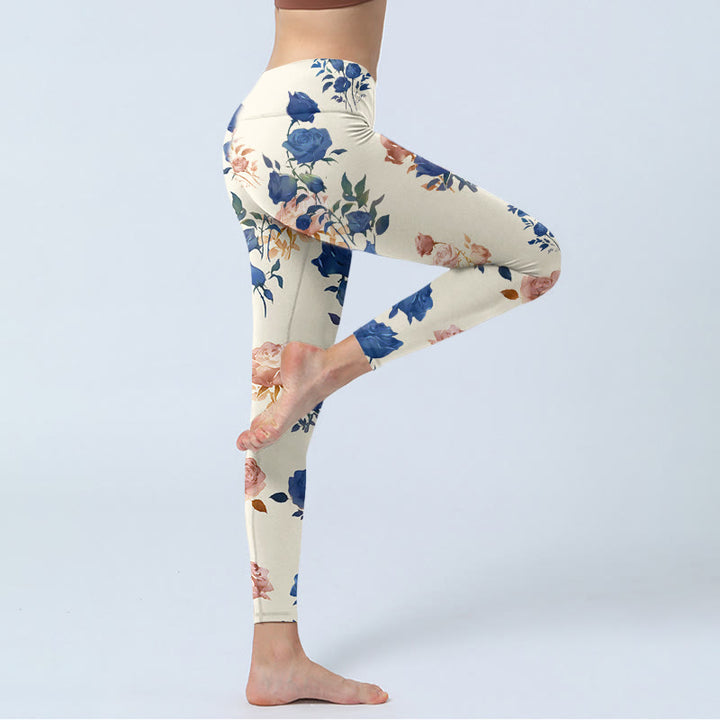 Leggings de yoga para mujer con estampado de hojas de rosas rojas y azules y Buddha Stones - image 3