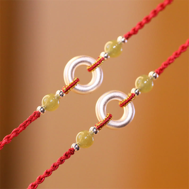 Pulsera de cuerda roja de la suerte hecha a mano con jade hetiano y hebilla de paz de plata esterlina 999 con Buddha Stones