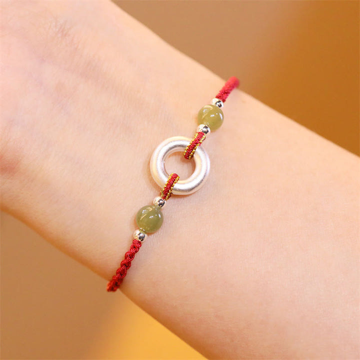Pulsera de cuerda roja de la suerte hecha a mano con jade hetiano y hebilla de paz de plata esterlina 999 con Buddha Stones