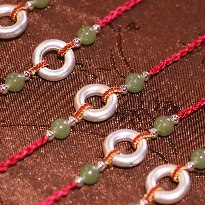 Pulsera de cuerda roja de la suerte hecha a mano con jade hetiano y hebilla de paz de plata esterlina 999 con Buddha Stones