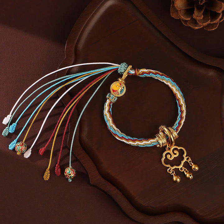 Pulsera con nudo de reencarnación curativa con campana de bloqueo de paz de nube auspiciosa de ciervo de color Dunhuang hecha a mano con Buddha Stones