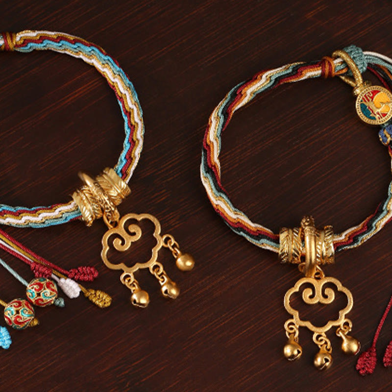 Pulsera con nudo de reencarnación curativa con campana de bloqueo de paz de nube auspiciosa de ciervo de color Dunhuang hecha a mano con Buddha Stones