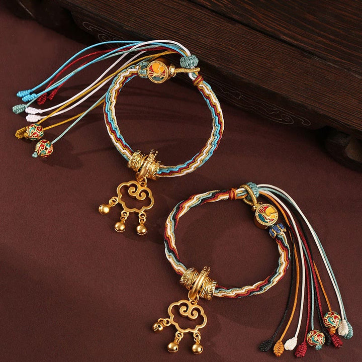 Pulsera con nudo de reencarnación curativa con campana de bloqueo de paz de nube auspiciosa de ciervo de color Dunhuang hecha a mano con Buddha Stones