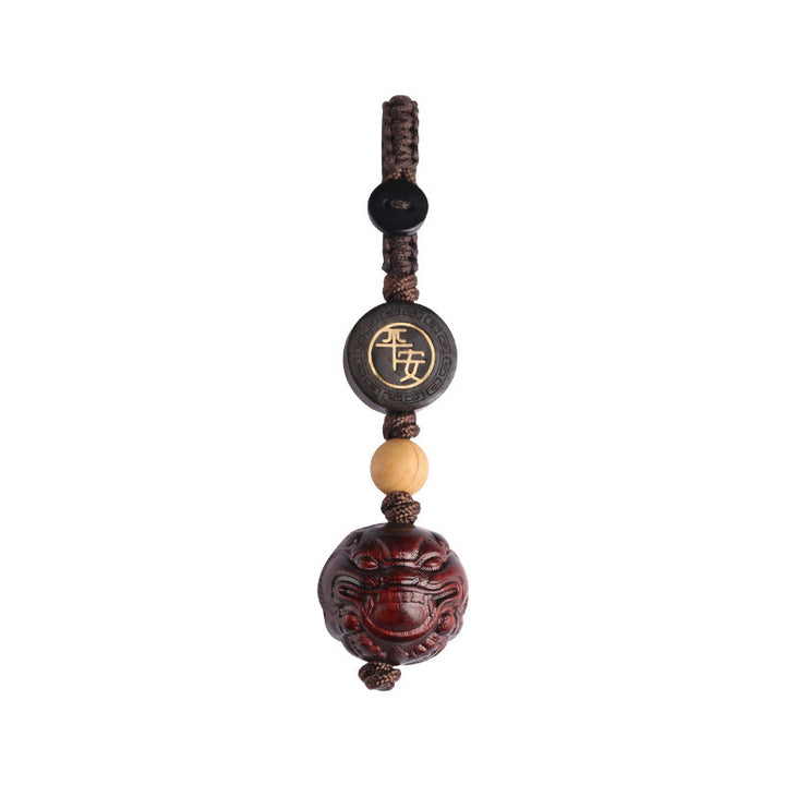 Llavero con protección de seguridad y bienestar de PiXiu con hojas pequeñas de sándalo rojo y Buddha Stones