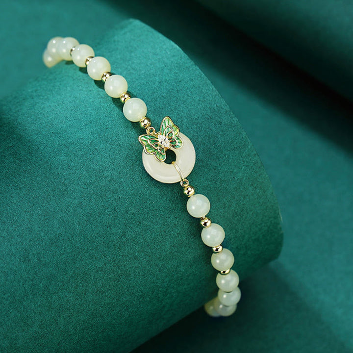 Pulsera con colgante de plata de ley 925 con Buddha Stones , jade hetiano natural, hebilla de la paz, mariposa, circonita, suerte