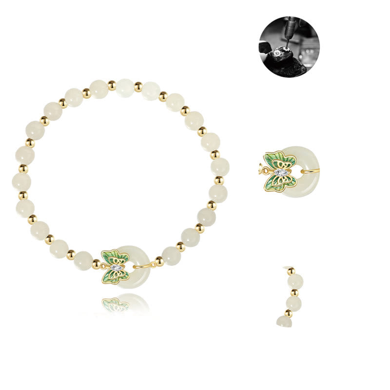 Pulsera con colgante de plata de ley 925 con Buddha Stones , jade hetiano natural, hebilla de la paz, mariposa, circonita, suerte