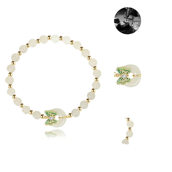 Pulsera con colgante de plata de ley 925 con Buddha Stones , jade hetiano natural, hebilla de la paz, mariposa, circonita, suerte