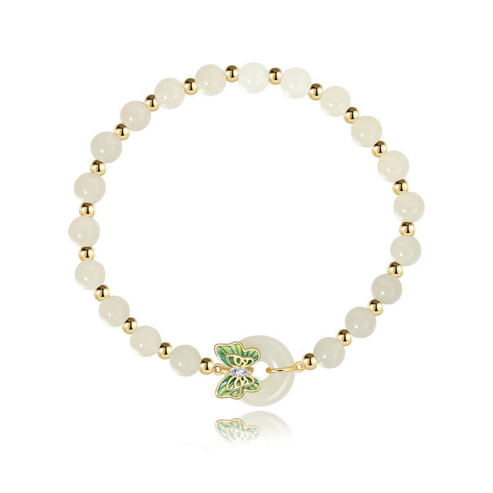 Pulsera con colgante de plata de ley 925 con Buddha Stones , jade hetiano natural, hebilla de la paz, mariposa, circonita, suerte
