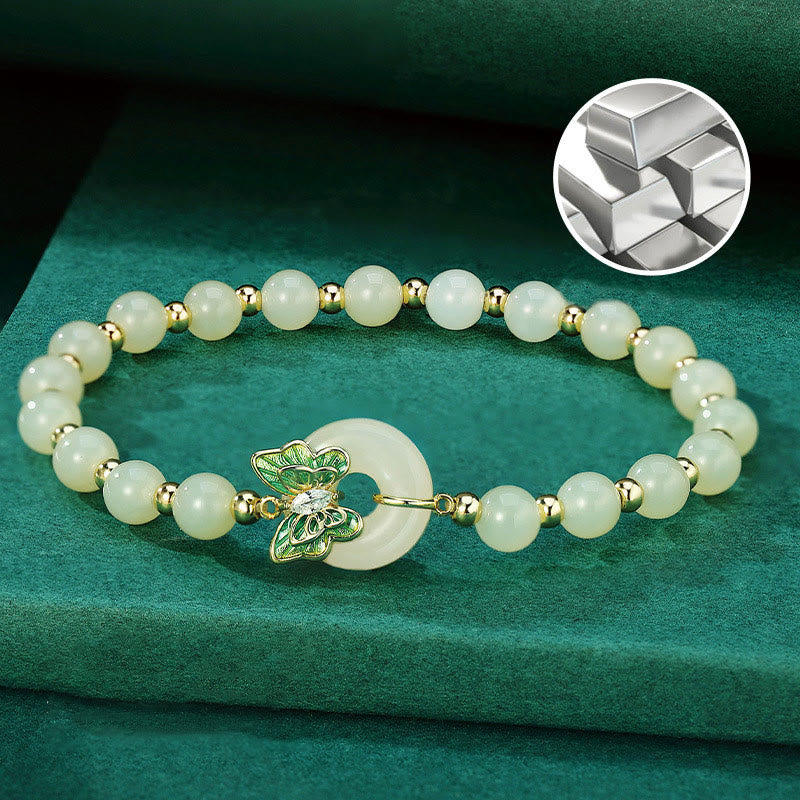 Pulsera con colgante de plata de ley 925 con Buddha Stones , jade hetiano natural, hebilla de la paz, mariposa, circonita, suerte